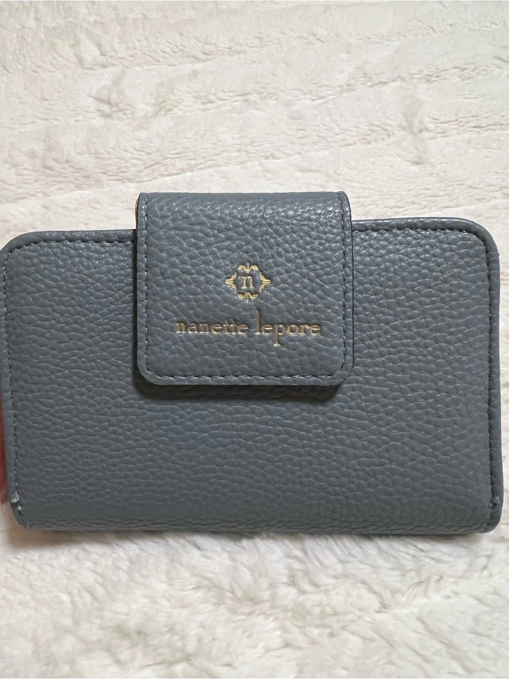 Nanette Lepore Gray Blue Pebble Leather Wallet Phone Case with Gold Logo